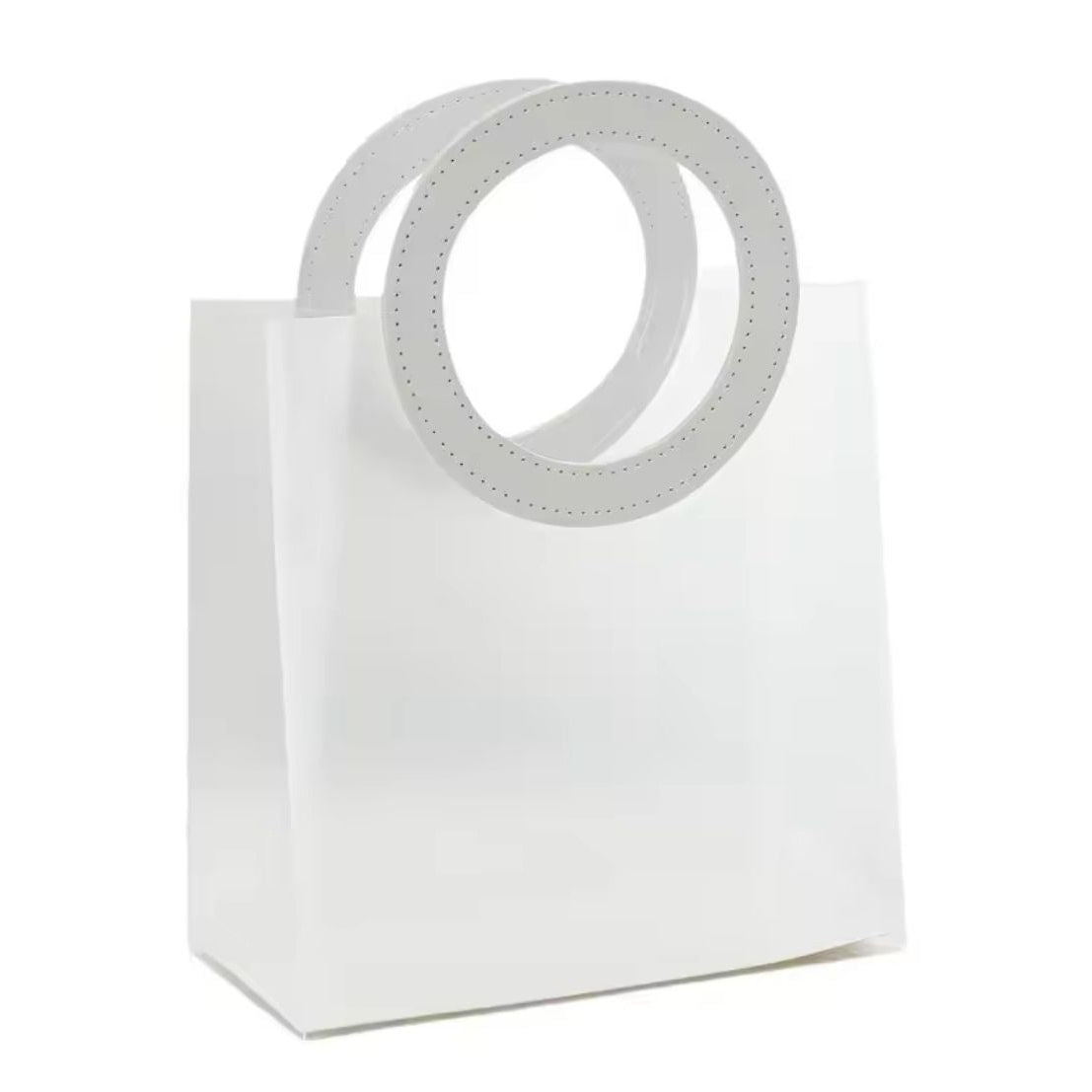 Sac à main transparent élégant avec poignée ronde en cuir coloré, dimensions 18 × 16 × 8 cm