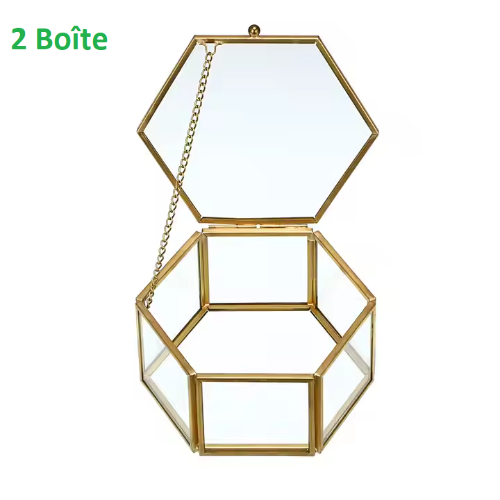 Pack 2 Boîte doré 9cm/5cm hexagonale en verre pour la présentation des alliances et bijoux lors des fiançailles et mariages.