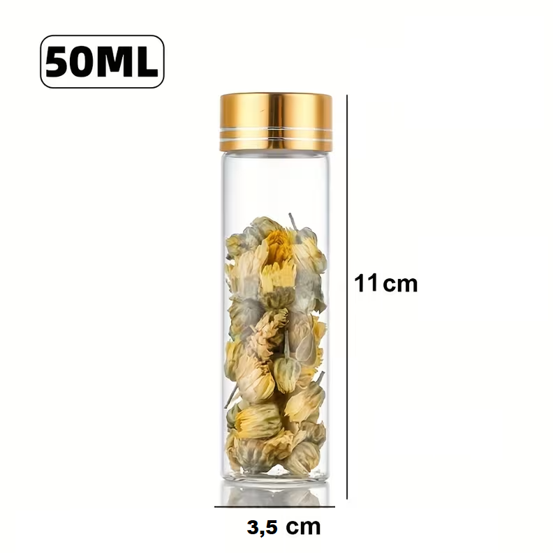 Bouteille en verre transparente de luxe avec bouchon doré 11×3,5 cm