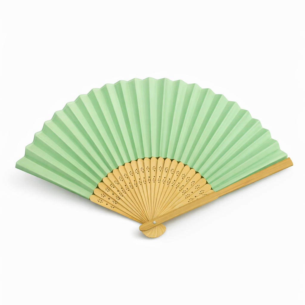 Éventail traditionnel élégant en bois naturel et papier vert