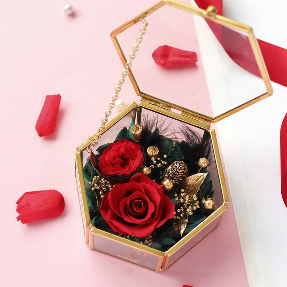 Pack 2 Boîte doré 9cm/5cm hexagonale en verre pour la présentation des alliances et bijoux lors des fiançailles et mariages.