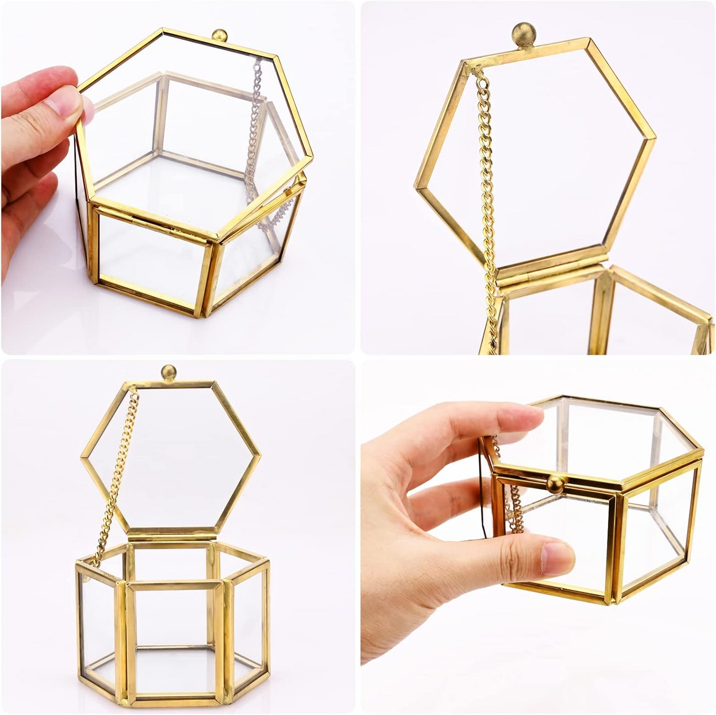 Pack 2 Boîte doré 9cm/5cm hexagonale en verre pour la présentation des alliances et bijoux lors des fiançailles et mariages.